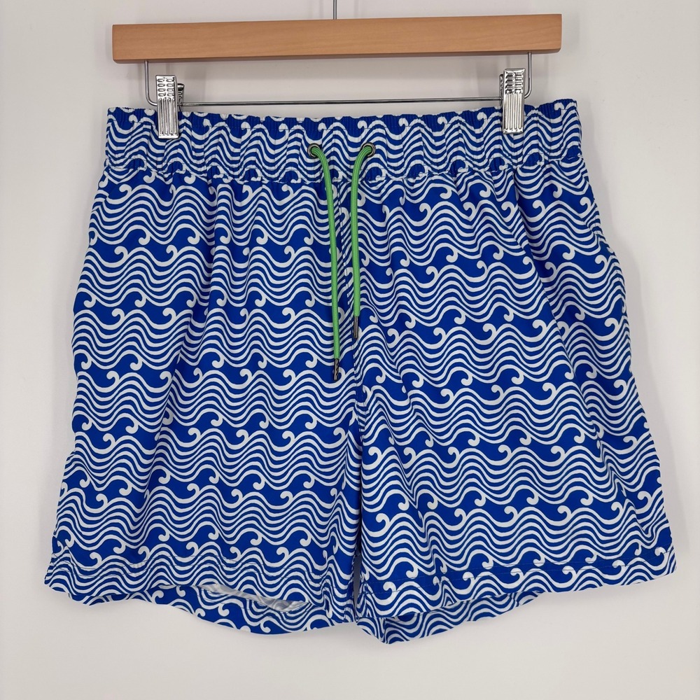 Roller Rabbit Swim Trunks Mens M Blue White Wave Print Beach Shorts Mesh Lined